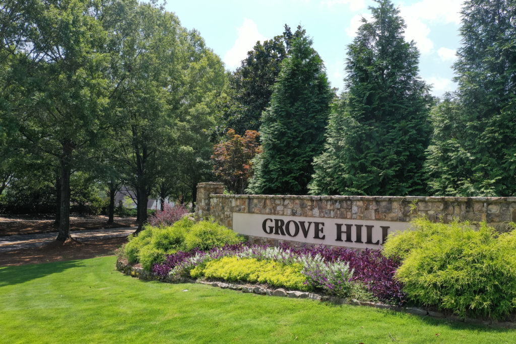 Grove Hill 1 Landscaped Grove Hill neighborhood entrance in Auburn, Alabama