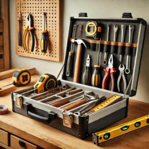A neatly organized homeowner’s tool kit featuring essential tools such as a hammer, screwdrivers, pliers, measuring tape, level, utility knife, power drill, wrenches, duct tape, super glue, and a flashlight, all arranged on a wooden surface, ready for home maintenance and repairs.
