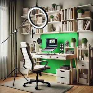 Stylish and organized home office with a desk, ergonomic chair, and natural light streaming through a nearby window, featuring plants and shelves for added functionality and inspiration.