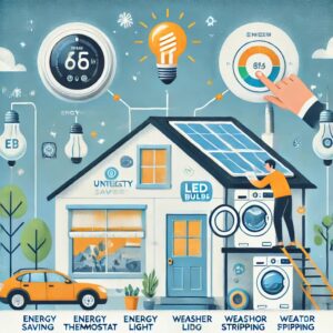 A cozy, energy-efficient home with LED lighting, a smart thermostat, and well-insulated windows, showcasing ways to save on utility bills while maintaining comfort.