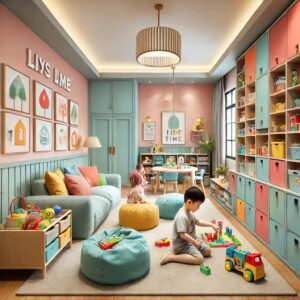 A childproofed home with safety gates, outlet covers, and soft play areas for children. Bright colors and non-toxic materials are used in the design, with cabinets locked and non-slip mats in bathrooms to ensure safety.