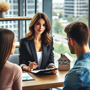 A professional woman sitting at a desk, discussing homeowners insurance options with two clients, emphasizing the importance of understanding coverage before buying a home.