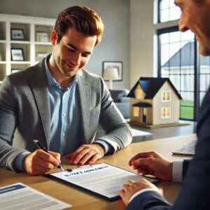 A professional real estate agent discussing the importance of signing a buyer-broker agreement before touring homes, ensuring a smooth home-buying process.