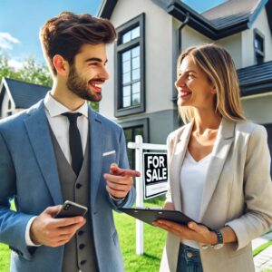 Home buying decision concept – A person standing in front of a house, contemplating whether to schedule a tour before being ready to purchase.