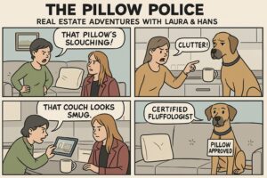 Real estate comic strip featuring Laura Sellers and Hans humorously staging a home titled "The Pillow Police