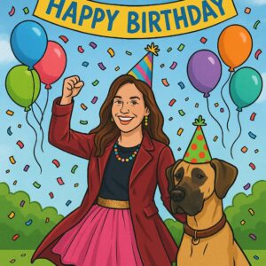 Laura Sellers and her dog Hans celebrating her birthday with party hats and humor, promoting real estate services in Auburn and Opelika, AL