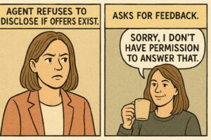 Comic strip showing a realtor refusing to disclose offer information with humorous commentary by Laura and her dog Hans.