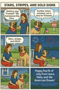 Laura and Hans celebrate Fourth of July with patriotic decorations, a sold sign, and fireworks symbolizing freedom and homeownership.
