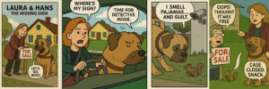 Comic strip of Laura and Hans investigating a missing real estate sign that ends up being used for a neighbor’s yard sale