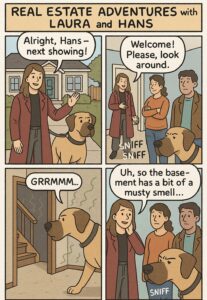 Comic strip of Laura and Hans reacting to a musty basement smell during a home showing