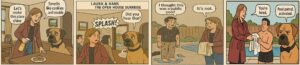Comic strip showing Laura and Hans managing an open house where a stranger jumps into the backyard pool