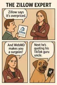 Comic strip of a buyer quoting Zillow while Laura and Hans respond with sarcasm and humor