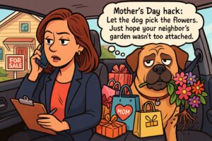 Laura juggling real estate calls and Mother’s Day errands with her dog Hans offering sarcastic commentary.