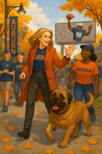 Comic-themed image of Laura and her dog Hans navigating the fall real estate market during Auburn’s 2025 football season.