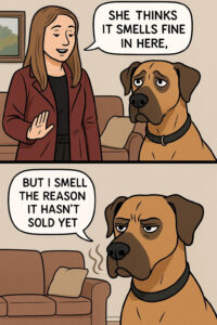 Home buyer reacting to a strong odor in a living room