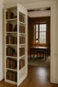 Secret room with hidden bookshelf door inside a home