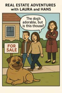 A large dog with charm sitting in front of a house with visible curb appeal issues like faded shutters and overgrown bushes.