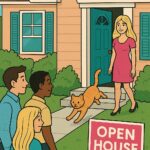 Realtor greeting visitors at an open house, with curious neighbors peeking through windows and a cat dashing out the front door.