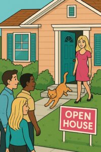 Realtor greeting visitors at an open house, with curious neighbors peeking through windows and a cat dashing out the front door.