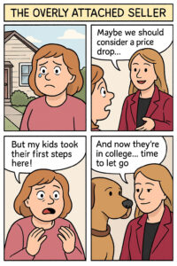 Tearful seller looking at their beloved home while a realtor gently suggests a price drop.