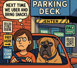Cartoon of Laura and her dog Hans stuck in an Auburn, AL parking deck, dealing with QR codes and validation chaos.