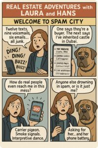 Comic strip showing Laura Sellers and her dog Hans reacting to spam messages from her phone while trying to help real estate clients in Auburn and Opelika AL.