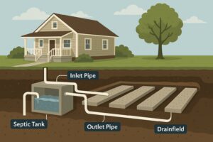 Exterior of a home with a large yard and septic system, representing rural living in Auburn or Opelika, Alabama