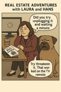 Comic strip showing Laura working at a slow computer while Hans looks unimpressed by the spinning loading icon.