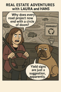 Comic strip showing Laura navigating a roundabout while Hans offers sarcastic commentary about yield signs and road confusion.