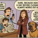 A frustrated home buyer staring at a phone, with real estate documents scattered, and a dog (Hans) offering sarcastic support.