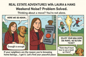 Comic strip featuring Laura and Hans using a giant remote to beam noisy neighbors into space, capturing the frustration of dealing with weekend noise.