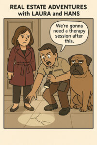 Comic panel of a nervous home inspector sweating over minor flaws while a large dog, Hans, delivers sarcastic commentary in a home setting.