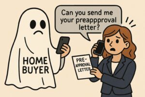 Funny cartoon of frustrated real estate agent dealing with quirky buyers