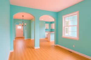 Freshly painted room with open windows and paint cans