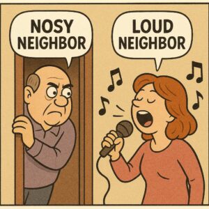 Funny illustration of a nosy neighbor peeking through blinds while a loud neighbor throws a noisy party next door.
