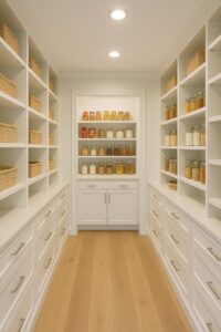 Walk-in pantry with labeled snack shelves
