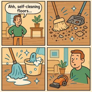 Playful cartoon of a house with superpowers like self-cleaning floors and endless storage