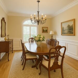 unused formal dining room covered in clutter and dust