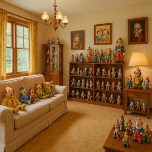 Funny real estate house tour bingo card featuring home showing red flags like sellers staying home or clown collections