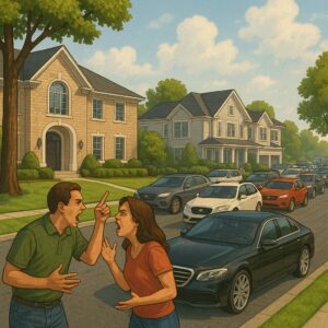 Frustrated person imagining moving to escape noisy neighbors