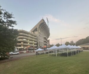 Tents and Tiger Walk preparations at Jordan-Hare Stadium before Auburn football game