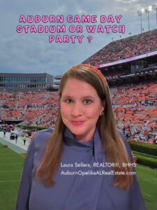 Auburn fans watching football at Jordan-Hare Stadium and at a backyard watch party