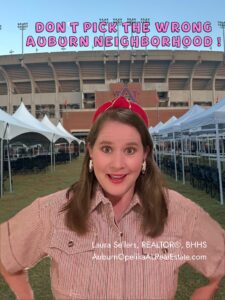 Auburn neighborhood street lined with homes near Jordan-Hare Stadium.