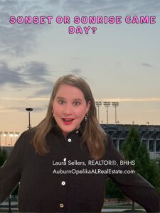 Auburn sunset over Jordan-Hare Stadium and early morning Tiger Walk crowd