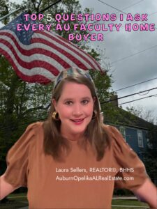 Auburn University campus with nearby neighborhoods and homes for AU faculty buyers.