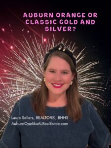 New Year’s celebration in Auburn with orange, gold, and silver decorations