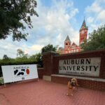 America 250 display beside the Auburn University entrance with Samford Hall in the background in Auburn, Alabama.