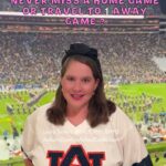 Auburn football game day featuring Jordan-Hare Stadium, Tiger Walk, Auburn University Chapel, Auburn fans, and game day homes near campus.