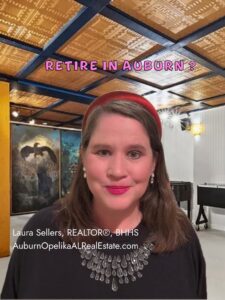 Homes for sale in Auburn AL for retirees featuring beautiful neighborhoods, patriotic American flags, Fourth of July fireworks, and Auburn lifestyle.